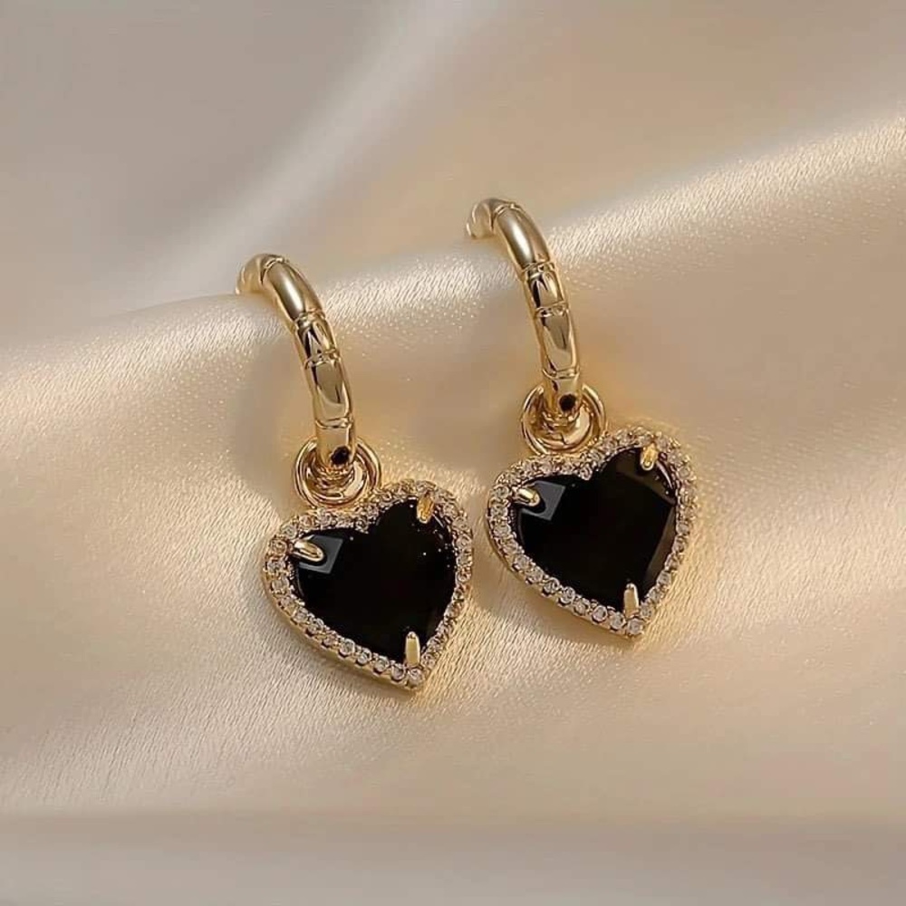 Gold plated black heart earrings